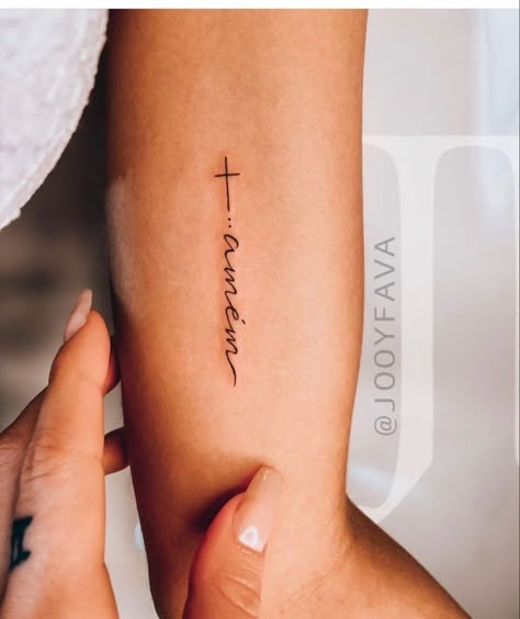 Cross With Signature Tattoo, Faith Minimalist Tattoo, Small Faith Tattoos For Women Simple, Amen Tattoo, Cross Rib Tattoos, Inner Elbow Tattoos, Simple Cross Tattoo, Bible Tattoos, Tato Minimal