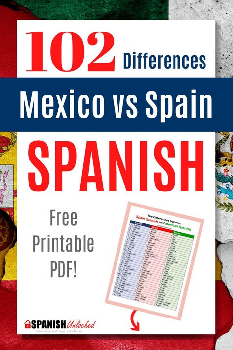 Have you ever wondered if Spanish spoken in Spain and Mexico are the same? Check out the 102 differences between Spain Spanish and Mexican Spanish in vocabulary, pronunciation, and grammar and improve your Spanish listening and comprehension skills. Learn to speak Spanish fluently! Don't forget to download the list of the 102 differences: Spanish in Spain vs. Mexico. #spanishlanguage #learnspanish #howtolearnspanish #spain #mexico #spaintravel #mexicotravel #learningspanish #spanishlearningtips Speak Spanish Fluently, Simple Spanish Words, Advanced Spanish, Basic Spanish Words, Spanish Conversation, Learn To Speak Spanish, Spanish People, Mexican Spanish, Learn Spanish Online