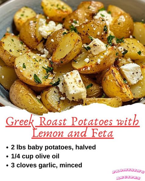 Promising Recipes | 🥔 Greek Roast Potatoes with Lemon and Feta 🍋 | Facebook Greek Feta Roasted Potatoes, Feta And Potatoes, Greek Roasted Potatoes, Recipes Greek, Roast Potatoes, Baby Potatoes, Greek Style, Roasted Potatoes, Side Dish