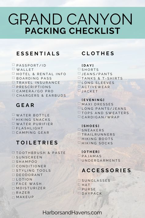 Grand Canyon Packing List and What to Wear at the Grand Canyon — Harbors & Havens Grand Canyon Packing List, Arizona Packing List, Grand Canyon Outfit, Packing List Kids, Spring Break Nails Acrylic, Grand Canyon Vacation, Grand Canyon Hiking, Grad Trip, Arizona Trip