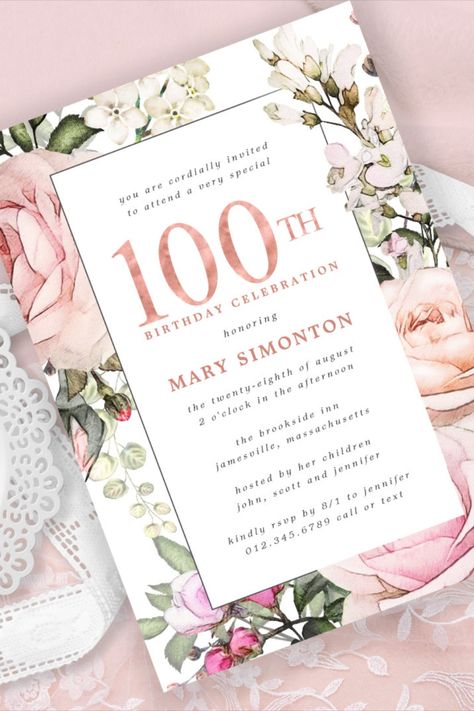 Blush Pink Floral 100th Birthday Party Invitation Honor a special woman with this elegant and feminine 100th Birthday party invitation #100thbirthday #onehundredyear #birthday #happybirthday #birthdaycards #birthdayparty #floral #elegant Happy 100th Birthday, 100th Birthday Party, Floral Birthday Invitations, 100th Birthday, Floral Invitation, Birthday Party Invitation, Birthday Party Invitations, Pink Floral, Birthday Invitations