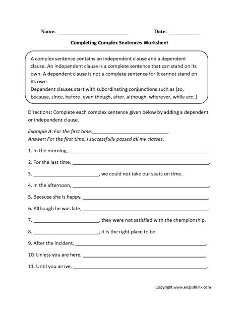 Completing Complex Sentences Worksheets                                                                                                                                                      More Complex Sentences Activities, Therapy Binder, Subordinate Clauses, Simple Sentences Worksheet, English Printables, Complex Sentence, Teaching Sentences, Diagramming Sentences, Simple And Compound Sentences