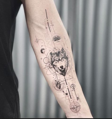 Simple Lion Tattoo, Scientific Tattoo, Geometric Wolf Tattoo, Bali Tattoo, Small Wolf Tattoo, Geometric Sleeve Tattoo, Wolf Tattoo Sleeve, Forearm Band Tattoos, Forarm Tattoos