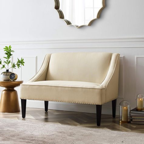 PRICES MAY VARY. TIMELESS AND MODERN – This gorgeous swoop arm settee bench will match perfectly with any décor theme, adding a touch of freshness. Featuring a clean-lined design with piping and nailhead trim, it makes a versatile addition to any environment. VERSATILE USE - Our velvet or linen upholstered bench with back is the perfect piece for any décor. It adds a gentle sophistication in the confines of your entryway, bedroom, living room and dining room, also blends with a variety of décor. Linen Bench, Settee Loveseat, Settee Bench, Bench With Back, Velvet Bench, Glam Furniture, Dining Room Style, Trendy Furniture, Timeless Furniture