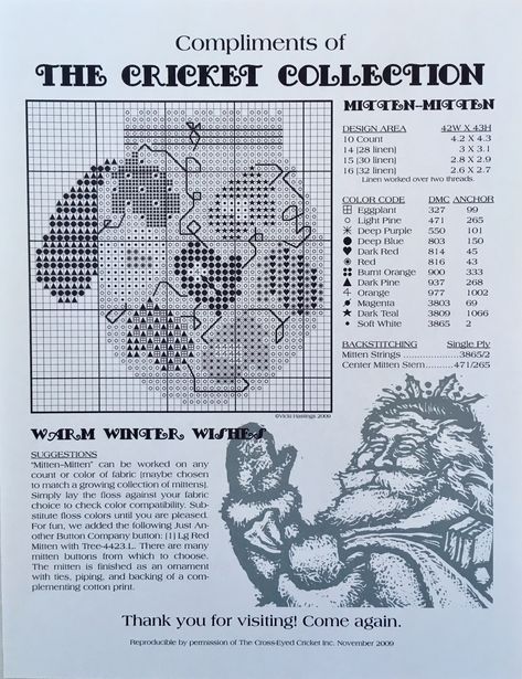 mitten-mitten 2009 by the cricket collection - xs4 Cricket Collection Cross Stitch, Cross Eyed Cricket Mitten Patterns, Cross Eyed Cricket Freebies, The Cricket Collection, Cricket Collection Mittens, Cricket Collection, Free Cross Stitch Charts, Cross Eyed, Cross Stitch Fonts