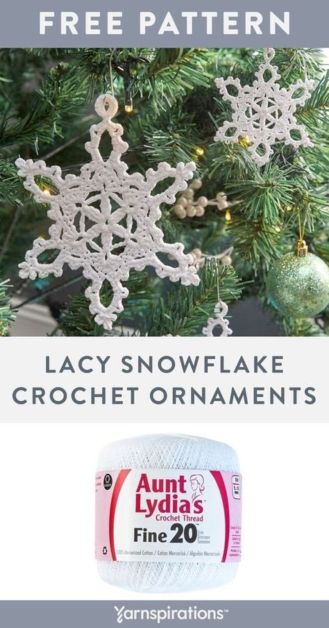 Free Lacy Snowflake Ornaments crochet pattern in Aunt Lydia's Fine Crochet Thread. Ornaments like these crochet snowflakes have keepsake quality and grow in meaning from generation to generation. The lacy design looks just as good stitched in size 3, 10 or 20 weight crochet thread. #Yarnspirations #FreeCrochetPattern #ChristmasDIY #CrochetSnowflake #CrochetOrnament #ChristmasDecoration #ChristmastOrnament #Aunt Lydia #AuntLydiasCrochetThread Thread Crochet Patterns, Crochet Christmas Ornaments Free Pattern, Crochet Thread Patterns, Snowflake Crochet, Fine Crochet, Crochet Thread Size 10, Crochet Christmas Ornaments Free, Ornaments Crochet, Free Crochet Doily Patterns