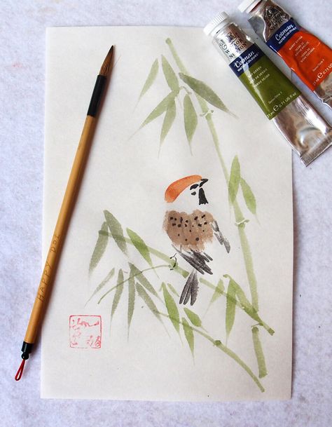 Watercolor Bamboo Tutorial, Chinese Brush Painting Tutorial, Japanese Brush Painting, Aapi Art, Bamboo Art Painting, Sparrow Drawing, Bamboo Painting, Chinese Watercolor, Chinese Picture