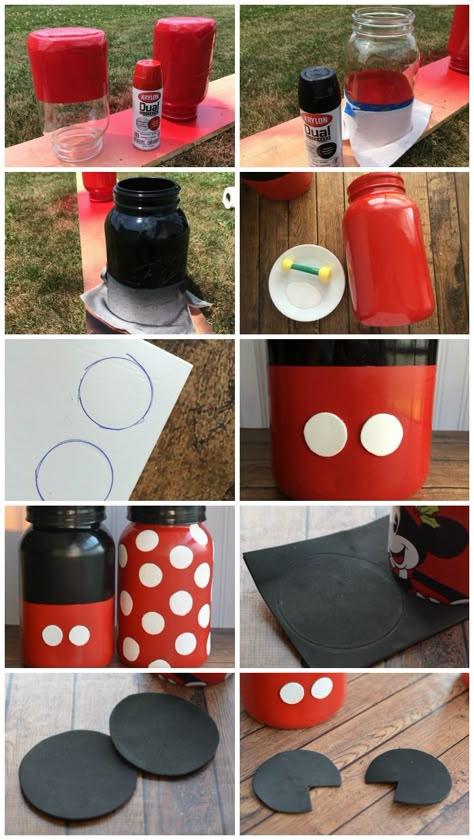 How to Make Mickey and Minnie Mouse Mason Jars ขวดโหล Mason Jar, Mickey Mouse Crafts, Magical Party, Mason Jar Projects, Minnie Y Mickey Mouse, Mouse Crafts, Mickey Mouse Clubhouse Birthday, Mason Jar Ideas, Mickey Mouse Birthday Party