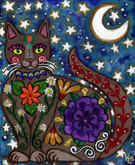 Mexican Cat, Art Style Painting, Cat Colony, Mexican Folk Art Painting, Folk Art Cat, Cat Acrylic, Feral Cat, Cat Bath, Pretty Cat