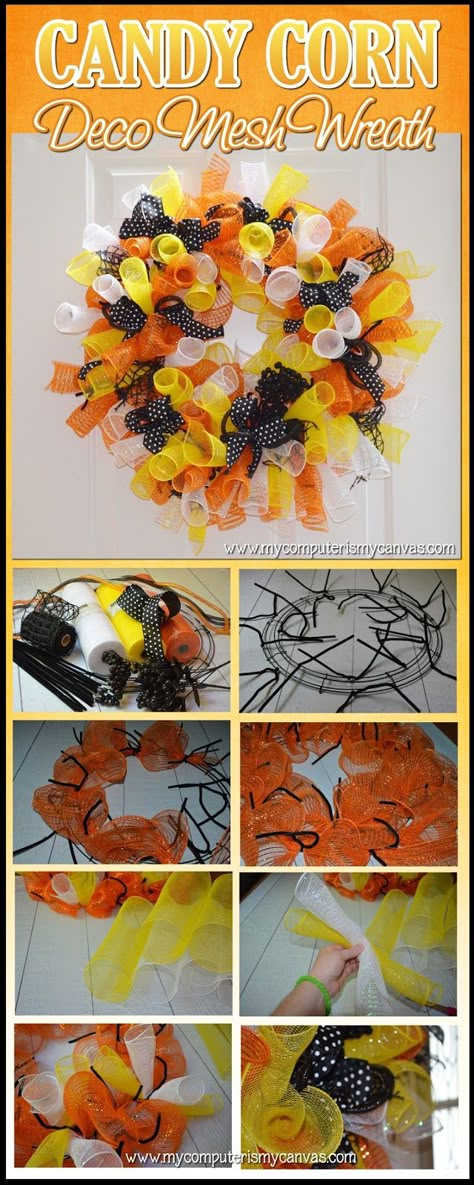 How to Make a Candy Corn Deco Mesh Wreath for Halloween (except you have to watch a youtube video for instructions - the link is on her website). Corn Wreath, Candy Corn Wreath, Rag Wreaths, Wreath Project, Mesh Wreath Diy, Deco Wreaths, Adornos Halloween, Halloween Wreaths, Wreaths And Garlands