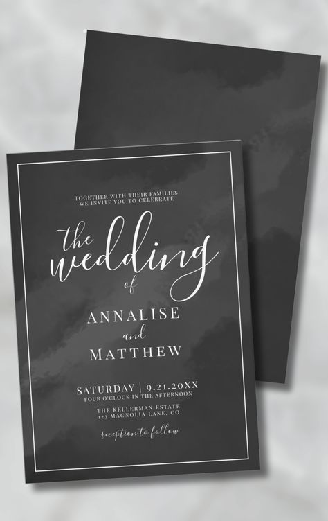 Simple Stylish Elegant Watercolor Black And White Wedding Invitation Watercolor Black And White, Grey Wedding Theme, Black Wedding Invitation, Black And White Wedding Invitation, Simple And Elegant Wedding, Thank You Sign, Black And White Wedding Invitations, Black Watercolor, Script Calligraphy