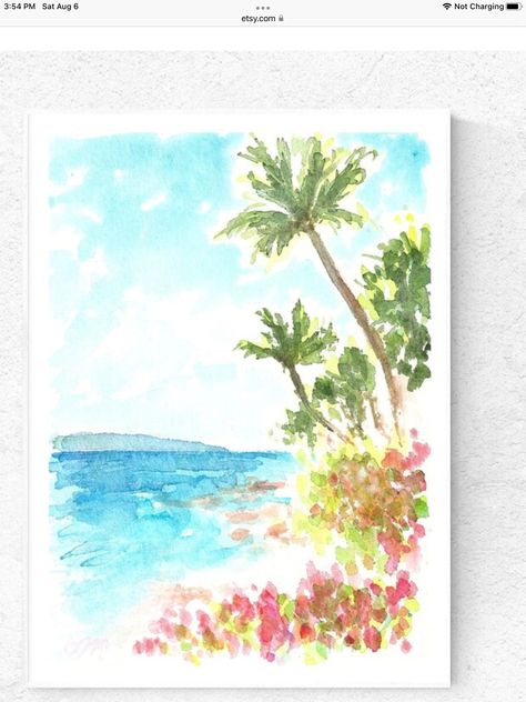 Watercolor Art Summer, Hawaii Painting Easy, Summer Watercolor Paintings, Beach Watercolor Paintings, Florida Watercolor Painting, Hawaii Watercolor Paintings Easy, Watercolor Palm Trees Tutorial, Beachy Watercolour, Bathroom Collage