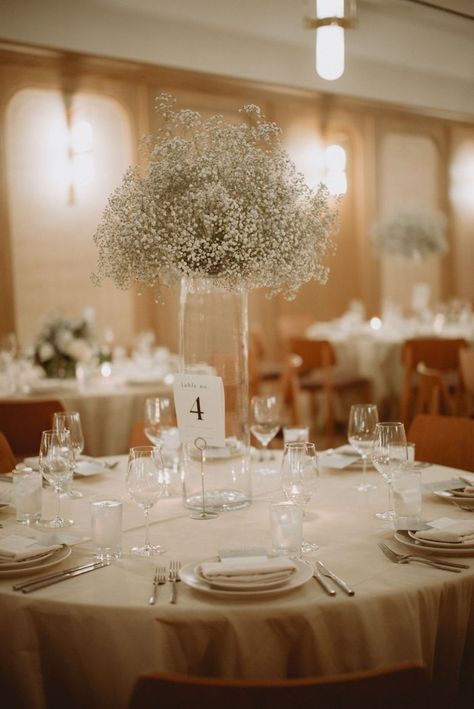 Simple Elegant Wedding Decorations Reception Ideas, Simple Classic Wedding Decor, Babysbreath Centerpieces Diy, Elegant Wedding Decorations Receptions, Simple Wedding Reception Ideas, Simple Elegant Wedding Reception, All White Wedding Reception, Church Wedding Reception, Wedding Tablescapes Round