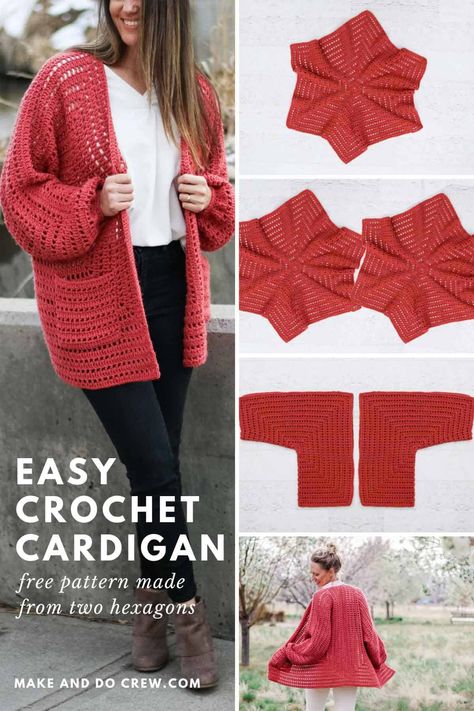 Collection of hexagon crochet cardigan pattern with pockets and bishop sleeves. Jaket Crochet, Easy Crochet Cardigan, Easy Crochet Sweater, Crochet Hexagons, Hexagon Cardigan, Granny Square Haken, Crochet Cardigan Free, Crochet Sweater Pattern, Crochet Cardigan Pattern Free