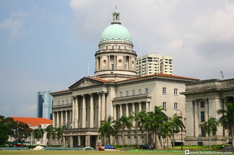 View of the Old Supreme Court Building from the Padang. Singapore Architecture, Supreme Court Building, Straits Settlements, Ionic Column, Bungalow Design, Padang, Grand Staircase, National Monuments, Grand Hotel