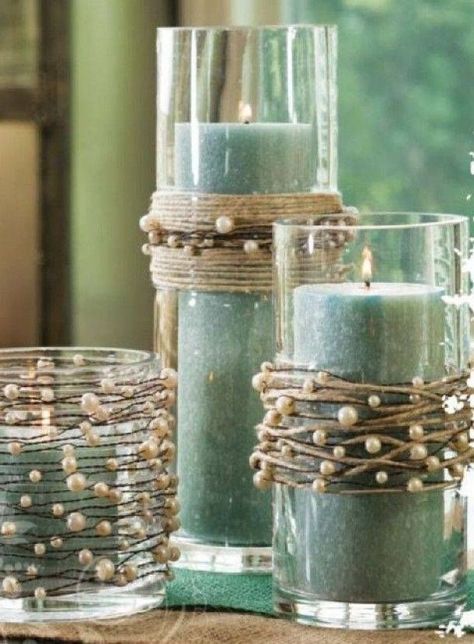 37 Luminous Ideas to Update Your Candles for Winter. - love the twine and pearls - Elegant Rustic Chic Pearl Garland, Diy Girlande, Beach Wedding Centerpieces, Interior Boho, Diy Candle Holders, Wreaths & Garlands, Diy Garland, Cool Ideas, Diy Candles