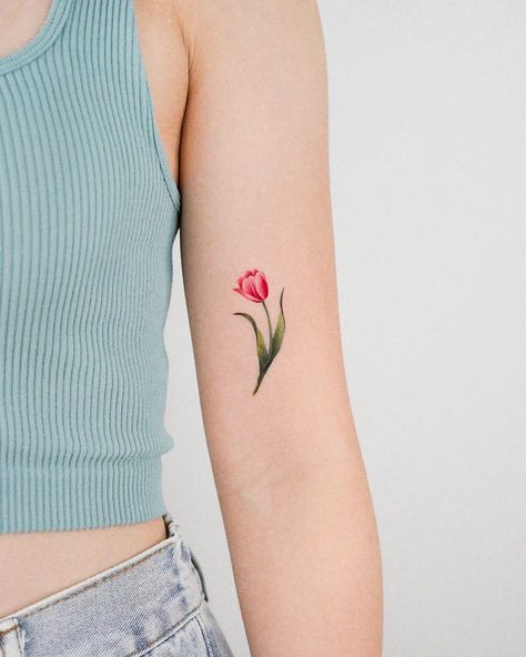 31 Refreshing Tulip Tattoo Ideas To Inspire You in 2023 Color Tulip Tattoo, Colored Tulip Tattoo, Tulip Heart Tattoo, Pink Tulip Tattoo, Tulip Tattoo Sleeve, Red Tulip Tattoo, Simple Tulip Tattoo, Tulip Tattoo Ideas, Tulips Tattoo