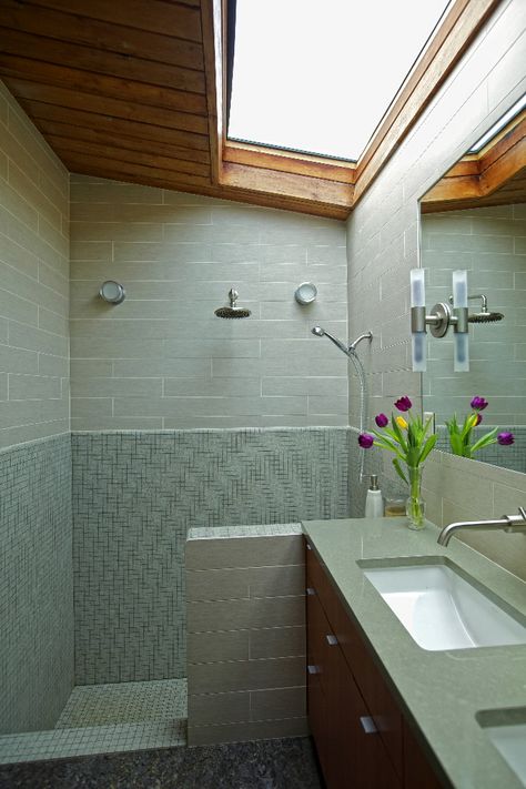 step down shower Sunken Bathroom, Creative Bathrooms, Adu Bathroom, Shower Skylight, Sauna Ideas, Miami House, Wood Tile Bathroom, Attic Bathroom, Creative Bathroom