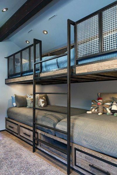 Top 70 Best Bunk Bed Ideas - Space Saving Bedroom Designs #kidsbedroom Cottage Bedrooms, Bunk Bed Rooms, Space Saving Bedroom, Modern Bunk Beds, Bunk Beds Built In, Cool Kids Bedrooms, Built In Bunks, Bunk Rooms, Cool Bunk Beds