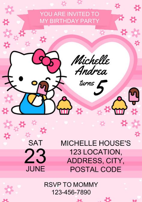 Customize this design with your photos and text. Thousands of stock photos and easy to use tools. Free downloads available. Hello Kitty Birthday Invitations Free, Birthday Invitation Template Free Editable, Hello Kitty Invitation Card, Hello Kitty Birthday Invitations, Hello Kitty Invitations, Christmas Service, Kindle Book Cover, Hello Kitty Birthday Party, Campaign Posters