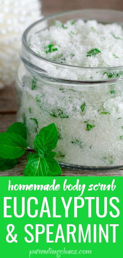 DIY Eucalyptus and Spearmint Sugar Scrub #christmastips&tricks Eucalyptus And Spearmint, Eucalyptus Bath Salts, Epsom Salt Body Scrub Diy, Face Recipes, Homemade Body Scrubs, Joululahjat Diy, Diy Eucalyptus, Diy Gifts In A Jar, Diy Scrubs