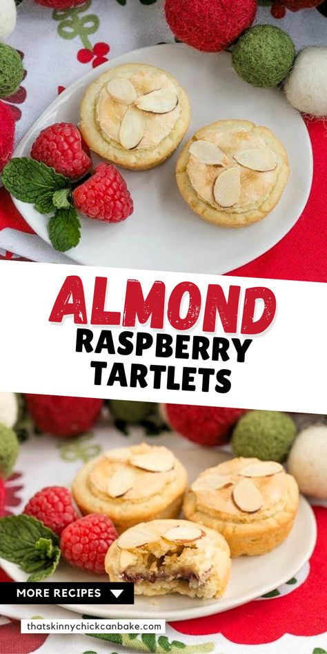 Almond Raspberry Tartlets - Mini Tarts with buttery crusts filled with almond paste and raspberry jam! Perfect for a holiday dessert buffet! Mini Raspberry Almond Tart, Almond Tarts With Jam, Almond Tarts Mini, Tartlet Recipes, Almond Paste Filling, Almond Tarts, Raspberry Tartlets, Almond Tart Recipe, Almond Paste Recipes