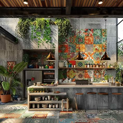 Modern Green Interior, Industrial Mediterranean Home, Brutalist Kitchen Design, Industrial Kitchen Aesthetic, Interesting Home Decor, Brutalist Kitchen, Kitchen Design Elegant, Tropical Kitchen Design, Brutalist Interior Design