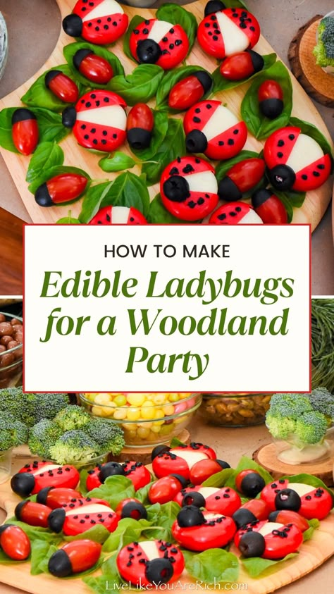 Wilderness Food Ideas, Fairy Garden Snacks, Animal Food Ideas For Party, Woodland Veggie Tray Ideas, Woodland Party Drinks, Woodland Picnic Party, Animal Themed Appetizers, Woodland Theme Snacks, Nature Themed Party Food