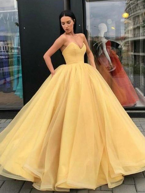 Ball Gown Sleeveless Sweetheart Organza Floor-Length Dresses Modest Prom Gowns, Girls Yellow Dress, Elegant Ball Gowns, Formal Ball Gown, Prom Dresses Yellow, Vintage Prom, Floor Length Prom Dresses, Sweetheart Prom Dress, Tulle Ball Gown