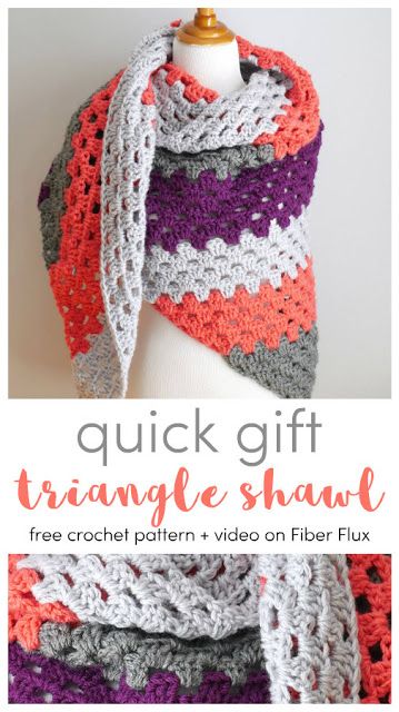 Quick Gift Triangle Shawl (12 Weeks of Gifting Series), Free Crochet Pattern + Video on Fiber Flux Triangle Shawl Crochet Pattern Free, Triangle Scarf Crochet Pattern, Crochet Triangle Shawl Pattern, Crochet Prayer Shawls, Crochet Beginner, Crochet Triangle Scarf, Crochet Scarfs, Beginner Knitting, Idle Hands