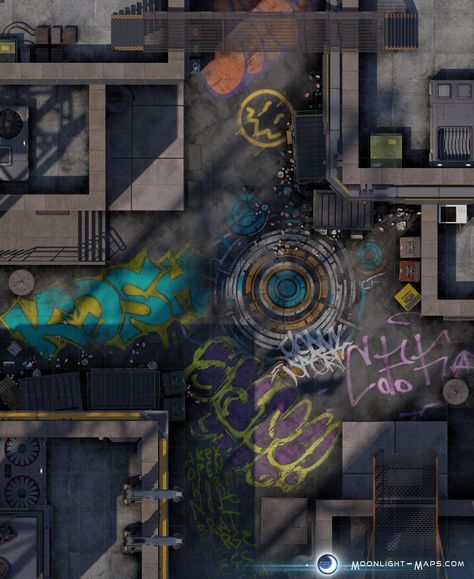 "The Corporation never come down this way, we'll be safe here!"  🌙 For hundreds more battle maps visit my website! Happy gaming!⁠ ⁠ #modern #city #graffiti #alley #scifi #cyberpunk #cyberpunkred #cyberpunkbattlemaps #cyberpunkmaps #scifirpg #alienrpg #starfinder #starfindermaps #starfinder2e #starwarsrpg #edgeoftheempire #starwarsbattlemaps #bladerunner #foundryvtt #dungeonmaster #tabletop #tabletopgaming⁠⁠⁠ Modern Battle Maps, Modern City Battlemap, Modern Battle Map, Cyberpunk Battlemap, Modern Dnd, Marvel Rpg, Graffiti Alley, City Graffiti, Sci Fi Rpg