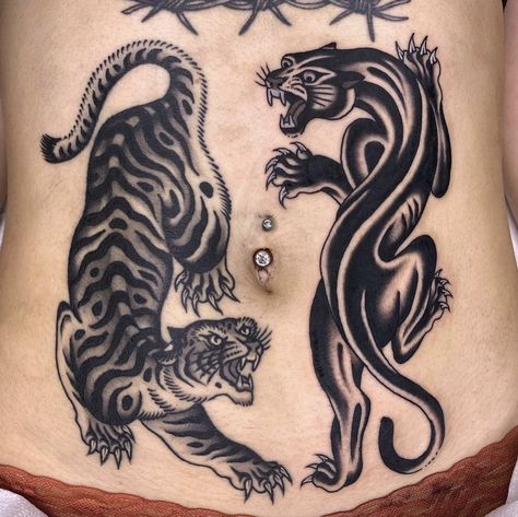 Traditional Style Tiger Tattoo, Tiger And Panther Tattoo, Panther Back Tattoo, Traditional Tattoo Artwork, Tricep Tattoo, Snow Leopard Tattoo, White Tiger Tattoo, Traditional Tiger Tattoo, Traditional Panther Tattoo