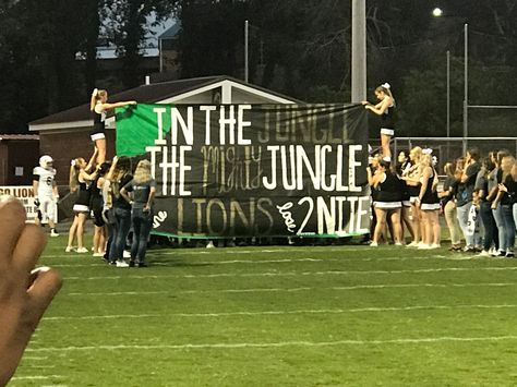 Football Runout Banner In the jungle, the mighty jungle, the lions lose tonight Beat The Lions Football Signs, Jungle Pep Rally, Jungle Football Game Theme, Cheer Football Banners, Football Banner Ideas, Football Game Signs, Run Through Signs, Cheer Banners, Football Banners