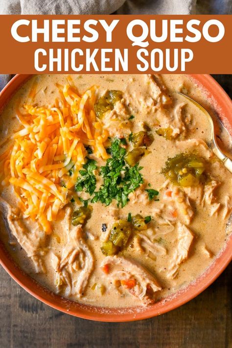 Rich, cheesy chicken queso soup made with three types of cheeses, tender chicken, green chiles, and spices—all the flavors of cheese queso but in a soup! The creamiest, most flavorful Chicken Cheese Soup. Seasoned Cheese Its, Queso Chicken Soup, Chicken Queso Soup, Chicken Soup Instant Pot Recipes, Chicken Quesadilla Soup, Thick Soup Recipes, Chicken Bacon Ranch Soup, Chicken Cheese Soup, Soups With Chicken