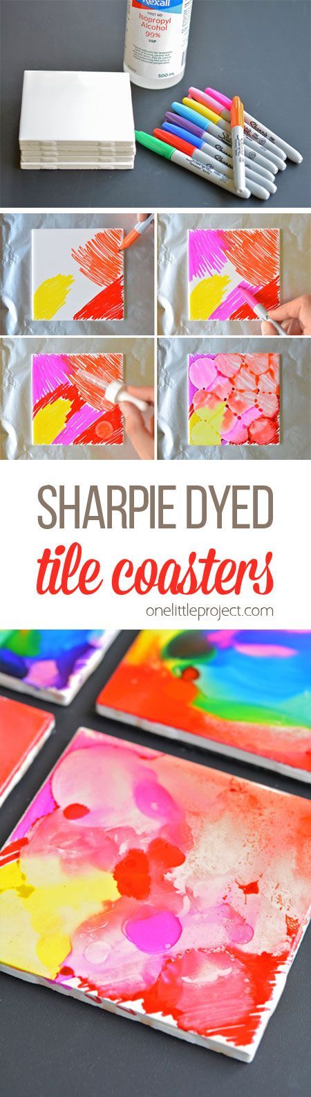 These Sharpie dyed tile coasters are SO BEAUTIFUL and they're really easy! Wouldn't they make a thoughtful homemade gift idea? No one would ever guess how simple they are to make! Homemade Gift Idea, Coasters Diy, Sharpie Crafts, Diy Sharpie, Sharpie Pens, Tile Crafts, Sharpie Art, Diy Coasters, Tile Coasters