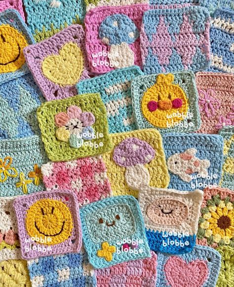 Crochet Granny Square Patchwork Cardigan, Patchwork Crochet Ideas, Crochet Patchwork Top, Patchwork Crochet Sweater Layout, Patchwork Cardigan Patterns, Crochet Patchwork Squares, Cat Granny Square Crochet, Fun Granny Squares, Kawaii Crochet Pattern