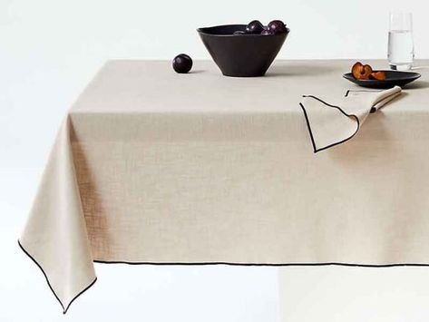 Mercer Merrow-Stitch Warm Natural Organic Cotton Tablecloth Modern Tablecloths, Colorful Dinnerware, White Table Cloth, Black Embroidery, Dining Table Black, Cotton Tablecloths, Dining Room Living Room, No Matter How, Organic Modern