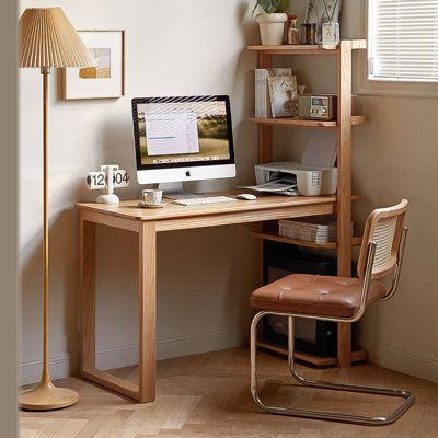 Maximize your space with our clever corner desk. Combining the functions of a workspace and a bookshelf, it transforms even the smallest corners into cozy study havens. Stylish and functional, it's the perfect addition to any home office. | Hokku Designs 47.24"Original wood rectangular solid wood desk w/ bookshelf Brown 57.48 x 48.03 x 23.46 in | C110704590 | Wayfair Canada Small Corner Desk, Small Room Desk, Wood Corner Desk, Color Desk, Solid Wood Writing Desk, Desk Bookshelf, Apartment Walls, Desks For Small Spaces, Desk In Living Room