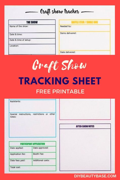 Print this free craft show tracking sheet and be more organized in your next craft show.  This craft fair tracker helps to organize all your craft shows, keep notes and analyze events and customers purchases so you could prepare for similar shows better next time. #craftshow #craftfair #sales #tracker #organization #diybeautybase #freeprintable Show Tracker, Craft Fair Vendor, Inventory Tracker, Project Planner Printable, Be More Organized, Sales Tracker, Bullet Journal For Beginners, Free Printable Crafts, Tracker Free