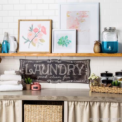 Raise your hand if the laundry room is your least favorite room! You might as well make it suit your style! Hobby Lobby Laundry Room Decor, Modern Glam Home, Hobby Lobby Home Decor, Laundry Room Decor Diy, 1960s Home Decor, Mirrors Wall Decor, 1960s Home, Best Cleaning Products, Wall Decor Quotes