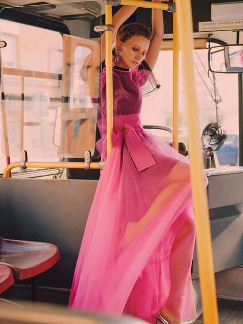 Bus Trip (L'Officiel Russia) Bus Trip, Metro Style, Runaway Bride, 광고 디자인, Fancy Gowns, Portrait Photography Women, Bus Travel, Grad Photos, Clothing Photography