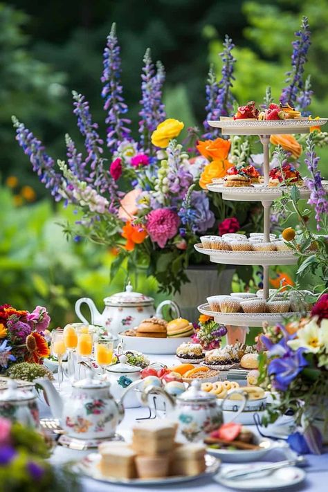 High Tea Party Decorations, Outdoor Tea Parties, Afternoon Tea Tables, Tea Sandwiches Recipes, Sunflower Centerpieces, Afternoon Tea Recipes, Afternoon Tea Party, Silver Tea Set, Fairy Garden Party