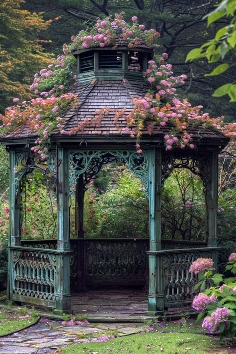 Bay Window Garden, Victorian Backyard, Outside Gazebo, English Garden Ideas, Gazebo Decorations, Mini Room, Garden Mural, Outdoor Sanctuary, Garden Pavilion