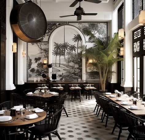 Restaurant Interior Design Black And White, Fine Dining Restaurant Design, British Colonial House, Black And White Colonial, Colonial Interior Design, British Colonial Decor, Colonial Interior, Modern Colonial, Black And White Interior