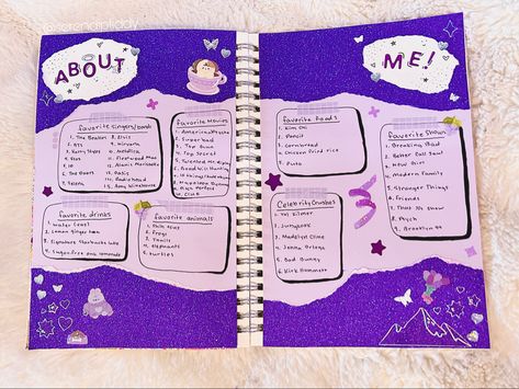 #journal #purple #ideas #aesthetic #scrapbook #layout #aboutme Purple Scrapbook Ideas, Purple Scrapbook, Portfolio Cover Design, Purple Journal, Purple Ideas, Aesthetic Scrapbook, Purple Diary, Scrapbook Cover, Portfolio Covers