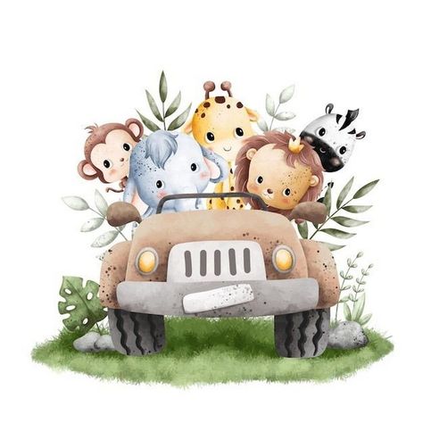 Jungle Jumpstart: Illustrated Clipart Animals Wild One Animals, Safari Jeep, Jungle Animals Nursery, Car Birthday Theme, Pink Truck, Safari Theme, Safari Baby, Cars Birthday, Wild One