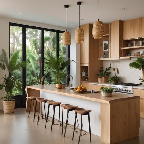 🌿🪴 Modern kitchen vibes with light wood cabinets & island. Cozy bar stools for that morning coffee. 😌 Woven lights add a warm, natural touch. 🍋🌞 Greenery from the tropics right outside your window. #KitchenGoals #NaturalLight #PlantLover
#odastudioAI #odaAIstudio #odastudio
#kitchendesign #kitcheninspiration #modernkitchen #kitchendecor #kitchenideas #minimalistkitchen #homeinterior #interiordesign #kitchenstyle #kitchenremodel Modern Tropical Kitchen Design, Tulum Kitchen Design, Zen Kitchen Ideas, California Kitchen Style, Tropical Modern Kitchen, Modern Tropical Kitchen, Woven Lights, Tropical Kitchen Design, Modern Kitchen Inspiration