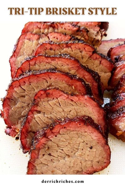 Tri-Tip Brisket Style - This fantastic tri-tip brisket style recipe takes tri-tip roast to new and unbelievably delicious heights. A must try recipe! #tritip #briskettritip #trisket #brisketstyle #smokedtritip #smoked #bbq via @derrickriches Tri Tip Smoker Recipes, Best Brisket Rub, Wood Fire Grill Recipes, Tri Tip Steak Recipes, Tritip Recipes, Best Brisket, Barbecue Ribs Recipe, Roast Brisket, Smoked Tri Tip