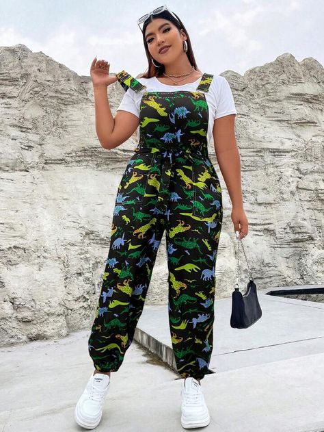 SHEIN EZwear Plus Dinosaur Print Overall Jumpsuit Without Tee | SHEIN USA Dinosaur Overalls, Fabric Dinosaur, Festival Fashion Outfit, Statement Bags, Fashion Outfit Ideas, Overall Jumpsuit, Movies Outfit, Plus Size Fashion For Women, Going Out Outfits