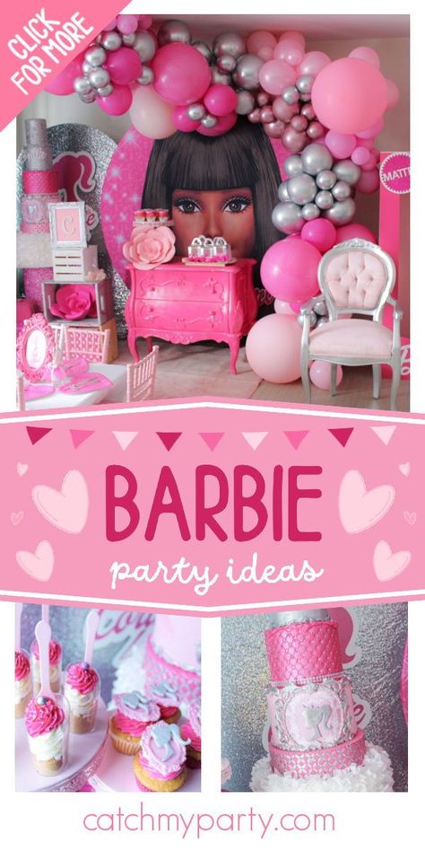 Take a look at this beautiful Barbie birthday party! The table settings are gorgeous! See more party ideas and share yours at CatchMyParty.com Black Barbie Party, Barbie Table Set Up, Barbie Table Centerpiece, Barbie Extra Birthday Party, 6th Birthday Barbie Theme, Black Barbie Birthday Party, Barbie Birthday Party Cake Table, Barbie Fifth Birthday, Barbie Dessert Table